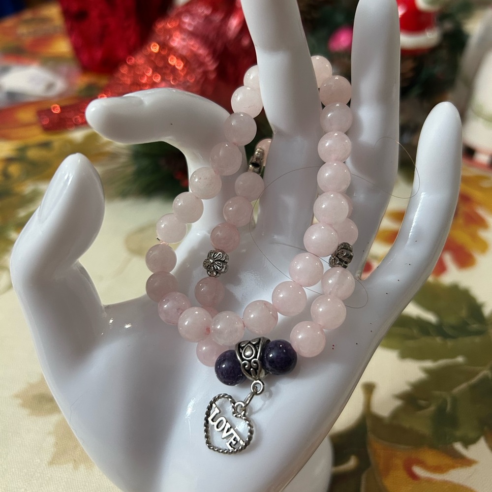 Rose quartz and Purple Amethyst Beaded Bracelet with Love Charm